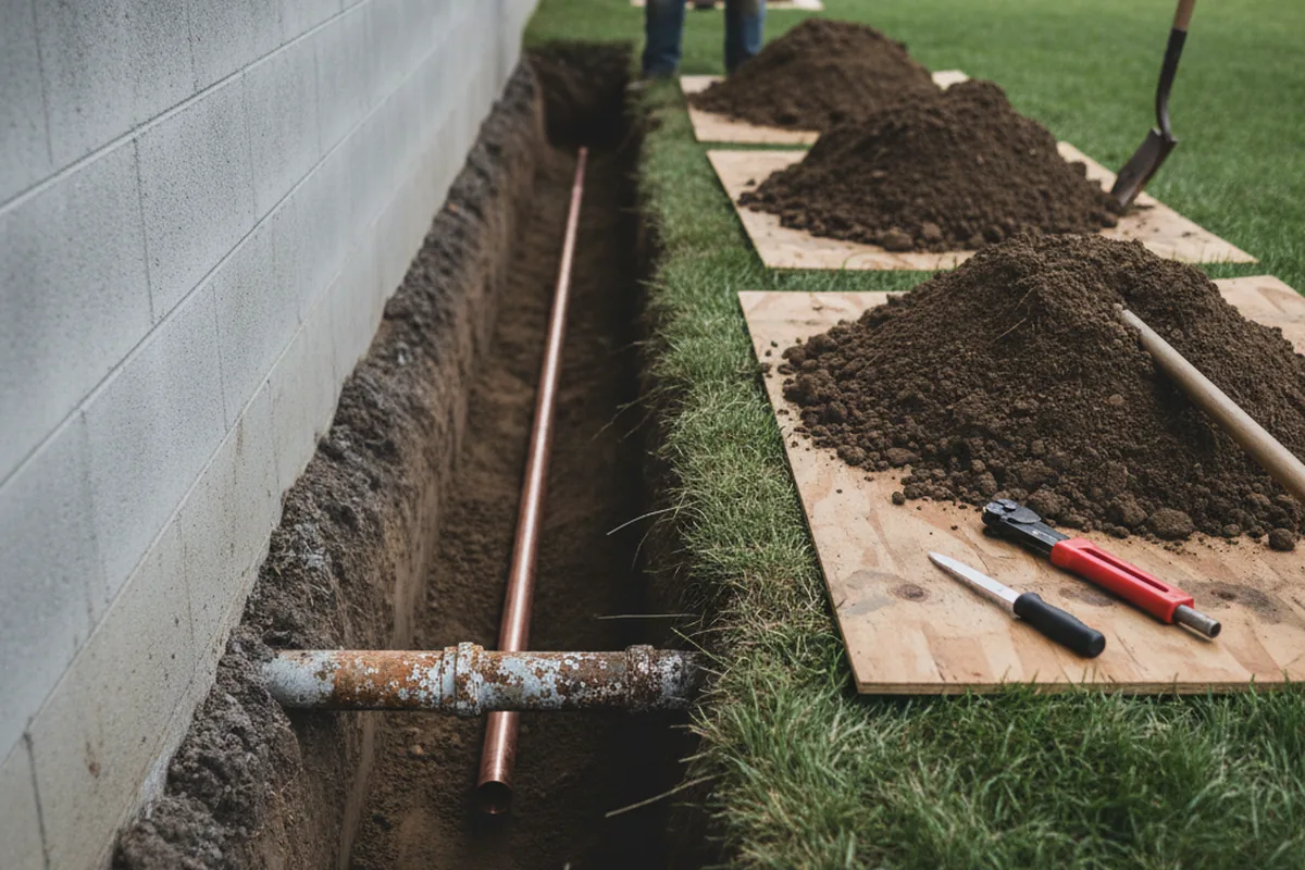 Excavated water line trench during Sewer Line Repair in Pharr